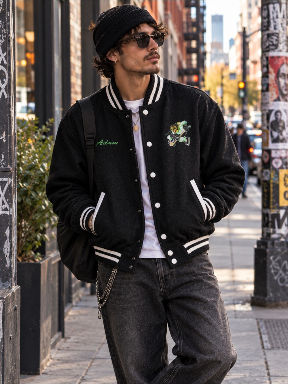 Vintage Black Varsity Hockey Jacket with White Trim - Unbranded